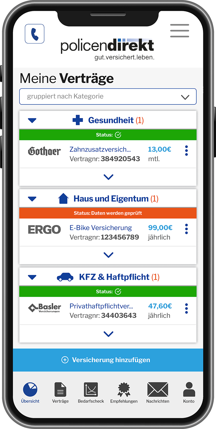 Der Versicherungsmanager auf dem Smartphone, Ansicht „Meine Verträge“